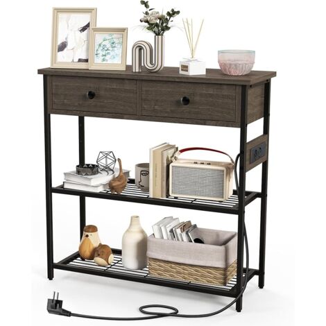 COSTWAY Tavolo Consolle Stretto con 2 Cassetti e 2 Ripiani in Rete Metallica, Tavolo d'Ingresso con Stazione di Ricarica, 2 Prese AC e 2 Porte USB, Ideale per Salotto, Ingresso e Corridoio (Grigio)