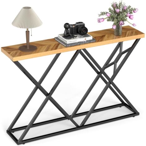 COSTWAY Tavolo Consolle, Tavolo d’Ingresso in Stile Rustico con Base Geometrica in Metallo, Tavolino Lungo Industriale per Corridoio, Soggiorno e Ingresso, 140 x 29,5 x 90 cm