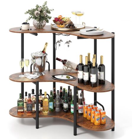 COSTWAY Tavolo da Bar 120 x 66 x 102 cm, Portabottiglie Vino a 3 Ripiani con Portabicchieri e Mensole di Stoccaggio, Isola Cucina Industriale per Bistro (Marrone)