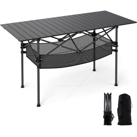 COSTWAY Tavolo da Campeggio Pieghevole, Tavolo da Picnic Portatile con Piano in Alluminio Arrotolabile, Cestello in Rete, Borsa da Trasporto per Giardino Spiaggia Pesca, Portata 100 kg (Nero)