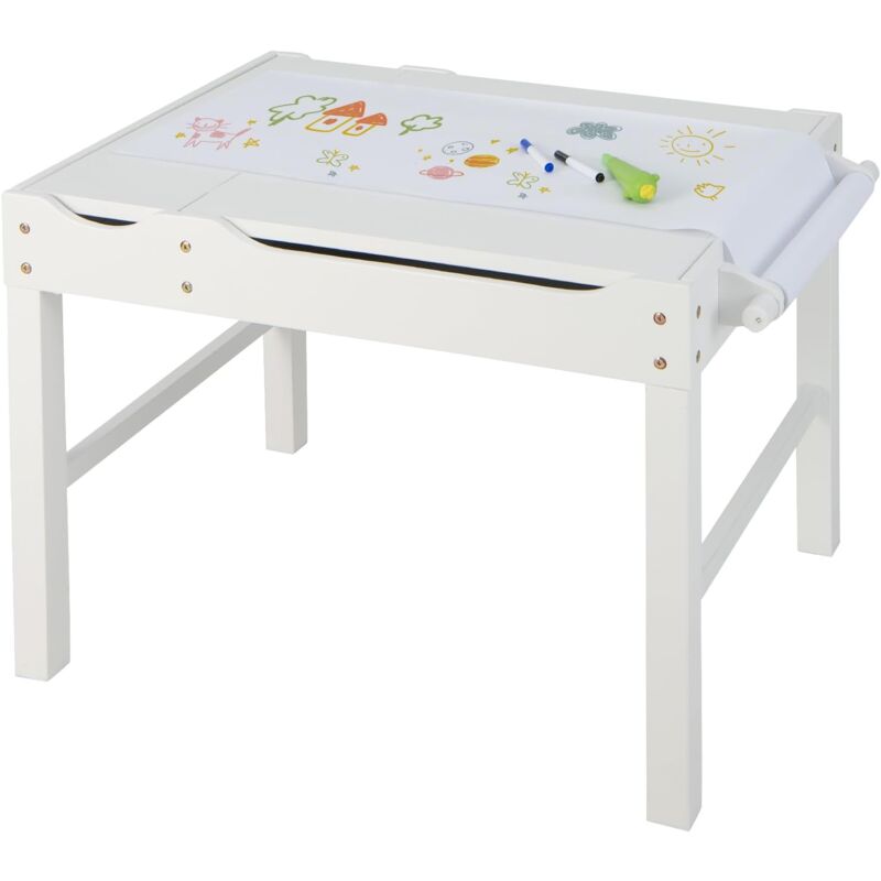 COSTWAY Tavolo da Gioco per Bambini in Legno con Piano Reversibile, Tavolo Multiattività Bambini 2 in 1, Porta Rotolo di Carta da Disegno, per Camera