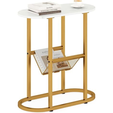 COSTWAY Tavolo da Salotto a 2 Livelli, Tavolino Ovale Stretto con Struttura di Metallo Robusta, Ripiano di Rete Metallica, per Soggiorno e Camera da Letto, 60 x 28,5 x 64 cm (Bianco + Oro)