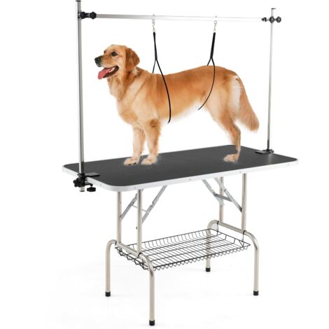 COSTWAY Tavolo da Toelettatura per Cani, Accessori Pieghevole per Toilette con Bracci Regolabili in Altezza, Guinzagli e Morsetti a Vassoio a Rete, Portata 150 kg (125 x 61 x 162,5 cm)