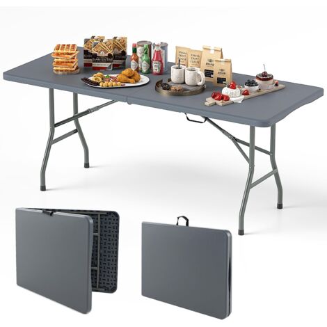 COSTWAY Tavolo Pieghevole Portatile da 180/245 cm, Tavolo da Campeggio in HDPE, Meccanismo di Blocco Sicuro, Tavolo da Picnic con Maniglia, Portata 160 kg (180 cm,Grigio)