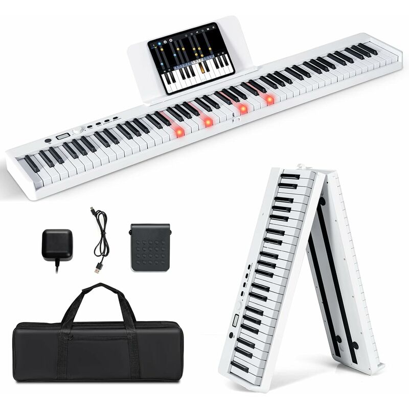 

Teclado Eléctico Plegable con 88 Teclas Semi Pesadas, Piano Digital Portátil, Soporte USB/MIDI, Doble Parlante (blanco) - Costway