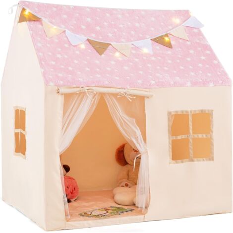COSTWAY Tenda Casetta per Bambini con Tetto Stellato Luminoso nel Buio, Tenda per Bambini con Luci e Bandierine, Tenda da Gioco con Porta, 2 Finestre e Tappetino, per Interno ed Esterno (Rosa)
