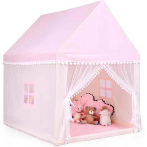 COSTWAY Tenda da Gioco per Bambini, Casetta Grande in Tessuto Oxford con Tappetino Morbido, Struttura in Legno Massello, Zanzariera e 2 Finestre, per 4 Bambini 3-12 Anni