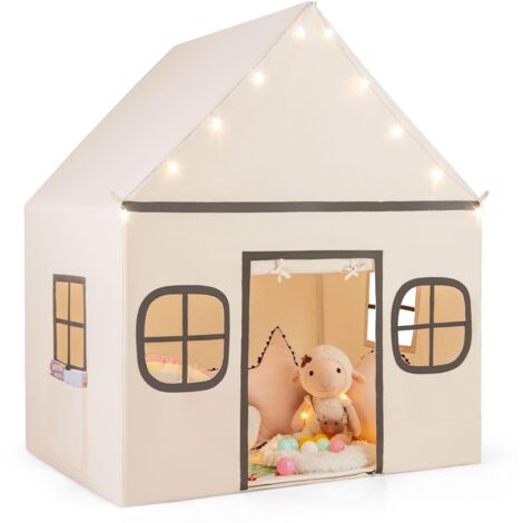 COSTWAY Tenda da Gioco per Bambini, con Tenda Porta e Finestre, Luci a Stella, Tappetino Antiscivolo, Casetta per Bambini e Bambine 3-10 Anni, 120 x 101 x 143 cm (Beige)