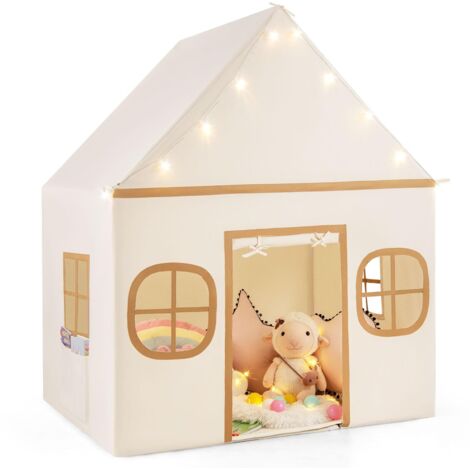 COSTWAY Tenda da Gioco per Bambini, con Tenda Porta e Finestre, Luci a Stella, Tappetino Antiscivolo, Casetta per Bambini e Bambine 3-10 Anni, 120 x 101 x 143 cm (Marrone)
