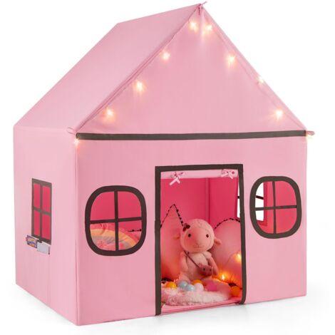 COSTWAY Tenda da Gioco per Bambini, con Tenda Porta e Finestre, Luci a Stella, Tappetino Antiscivolo, Casetta per Bambini e Bambine 3-10 Anni, 120 x 101 x 143 cm (Rosa)