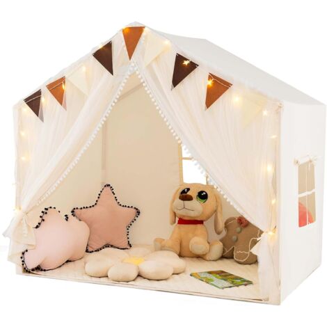 COSTWAY Tenda da Gioco per Bambini, Tenda Castello per 3-4 Bambini con Tende in Tessuto e Rete Luci a Stella e Finestre, Materassino in Cotone, per Bambini 3 Anni+, 146x96x133 cm