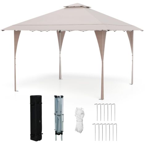 COSTWAY Tenda Pop-up Esterno 4x4 m Doppio Tetto, Gazebo da Giardino Altezza Regolabile con Fori di Drenaggio, Tenda da Giardino Antivento Facile da Montare con Borsa di Trasporto (Kaki)