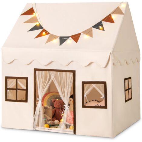 Costway – Tente de jeu enfant 123x107x137 cm – Avec tapis antidérapant et rideaux en maille – Guirlandes lumineuses et drapeaux décoratifs
