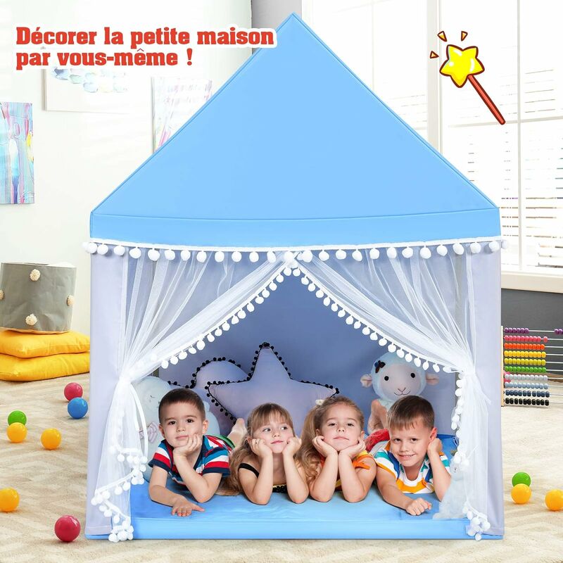 Tente de Jeu Enfant Château Intérieur de Princesse / Prince Cadre en Bois, Couverture en Coton en Bleu - Costway
