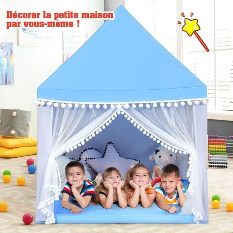 COSTWAY Tente de Jeu Enfant Château Intérieur de Princesse / Prince Cadre en Bois, Couverture en Coton en Bleu