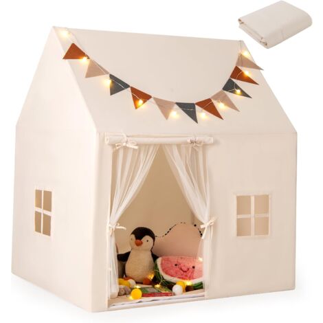 COSTWAY Tente de Jeux Enfant avec Guirlandes Lumineuses & Drapeaux, Cabane Enfant Interieure avec 2 Fenêtres & Tapis Antidérapant, Rideaux en Maille, Style Princesse pour 3 Enfants de 3-14 Ans