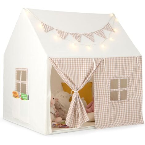 COSTWAY Tente de Jeux Enfant avec Guirlandes Lumineuses Étoiles & Drapeau, Cabane Enfant Interieure avec Tapis Lavable, Poche Latérale, Style Princesse pour 3 Enfants de 3-8 Ans, 125x100x127cm