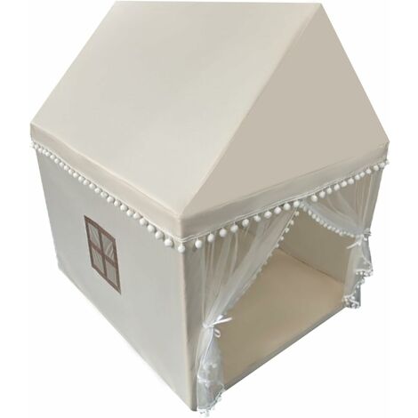 COSTWAY Tente de Jeux Enfant avec Tapis Doux & Lavable, Maison de Jeu en Château de Style Princesse en Coton, Cadre en Bois pour 3-4 Garçons et Filles, 120x105x140cm, Beige