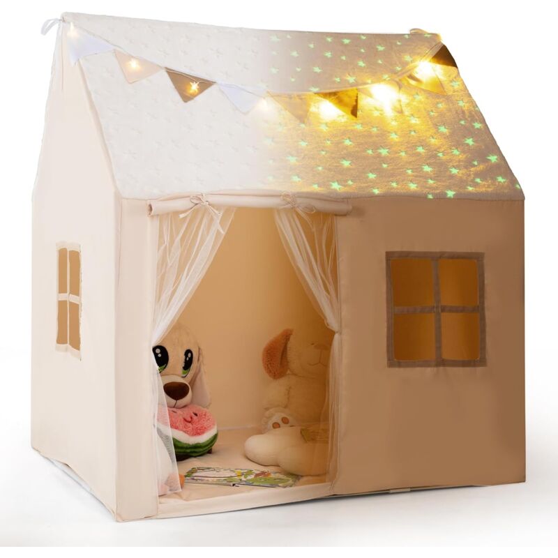 Tente de Jeux Enfant avec Tissu Phosphorescente & Guirlande Lumineuse & Drapeaux, Cabane Enfant Interieure avec 2 Fenêtres & Tapis, Rideaux en