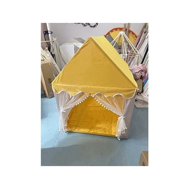 Tente de Jeux Enfant Intérieur Extérieur avec Tapis Antidérapant, Maison de Jeu en Château de Style Princesse en Coton, Cadre en Bois, 120 x 105 x