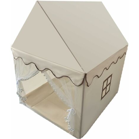 COSTWAY Tente de Jeux Enfant Intérieur Extérieur avec Tapis Antidérapant, Maison de Jeu en Château de Style Princesse en Coton, Cadre en Bois, 120 x 105 x 140 cm, Beige