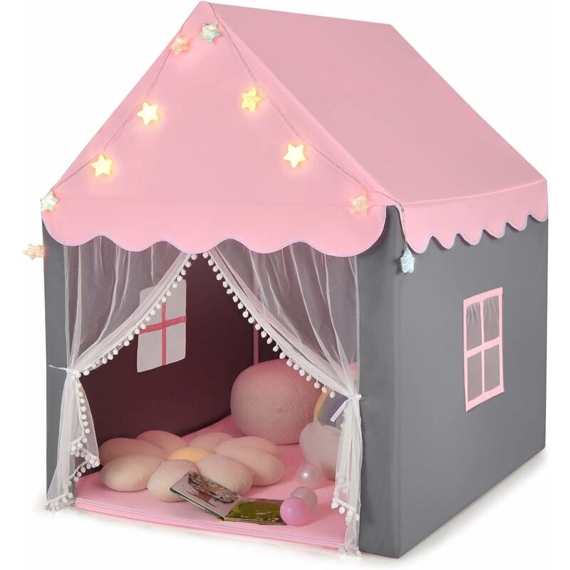 Tente de Jeux Enfants, Château de Princesse Tente Intérieure avec Tapis Lavable, Lumières Étoiles, 105 x 121 x 136 cm, Rose - Costway