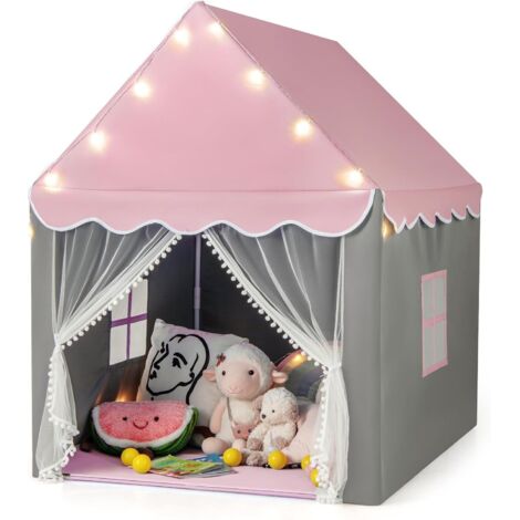 COSTWAY Tente de Jeux pour Enfants avec Lumières Étoiles & Tapis Lavable en Coton, Cabane Enfant Interieur avec Rideau & 2 Fenêtres, Château de Princesse Tente pour 4 Enfants, 104x122x135 cm