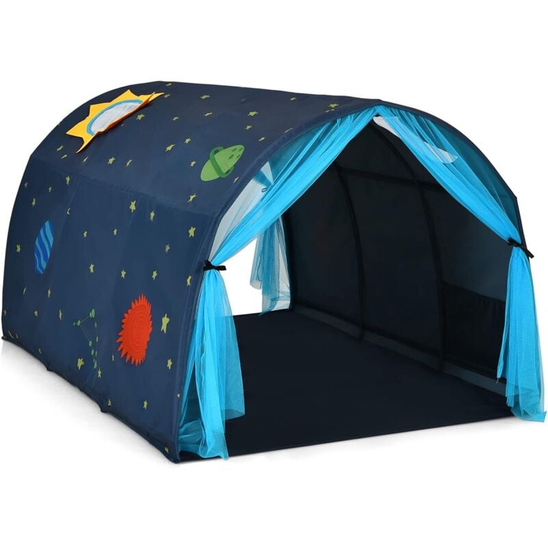 COSTWAY Tente de Lit Enfants Tente de Rêve Portable avec Double Rideau en Maille, Sac de Transport 144 x 102 x 82 CM Bleu
