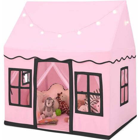 COSTWAY Tienda campaña Infantil, Casa de Actividad para Niños con Luces de Estrellas, Alfombra Lavable Antideslizante, Cortina de Malla para Interior y Exterior, Tipi Infantil de Más de 3 Años (Rosa)
