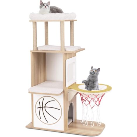 COSTWAY Tiragraffi in Legno 120cm, Torre con Graffiare in Sisal per Gatti a Tema Sportivo con 2 Piani, 2 Posatoi, Amaca e Cuscini Imbottiti, Mobile per Animali Domestici, Naturale