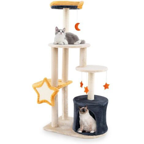 COSTWAY Tiragraffi per Gatti 128cm, Albero per Gatti da Interno, Torre Multi-Livello con Tiragraffi in Sisal, Gattiera, Piattaforma Superiore in Peluche e Giocattoli Appesi