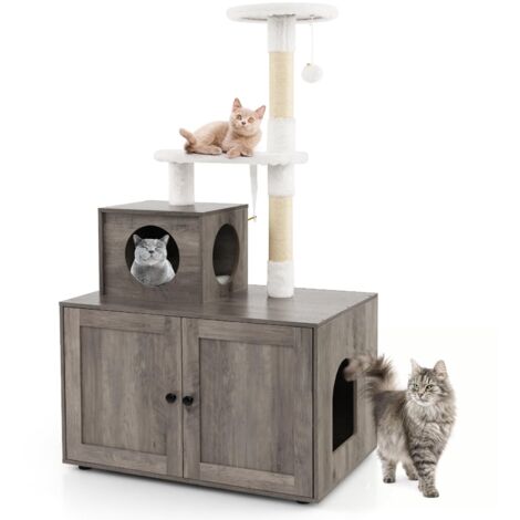 COSTWAY Tiragraffi per Gatti Adulti con Rifugio ad Ante Nascosto, Torre per Gatti con Cuccia, Piattaforma, Cuscini e Tiragraffi, Albero per Animali Grandi Alto in Legno, 77,5 x 49 x 132 cm (Grigio)