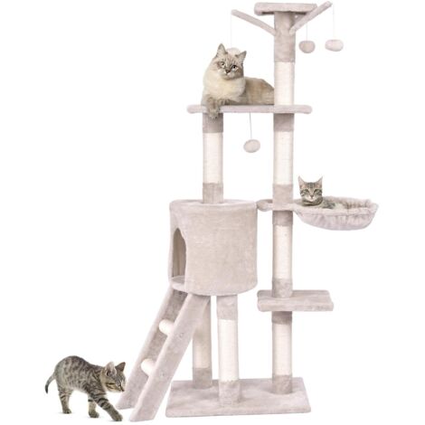 COSTWAY Tiragraffi per Gatti Alto 140 cm, Albero Tiragraffi Gatto con Tiragraffi in Sisal, Cesto, Piattaforma, Scala e Palline Pendenti, Torre Multi-Livello per Gatti da Interno