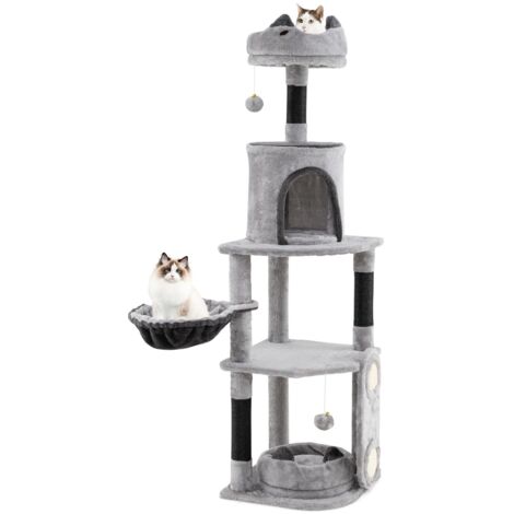COSTWAY Tiragraffi per Gatti Alto 144 cm, Albero Tiragraffi Gatto con 3 Pali in Sisal, Amaca, 2 Pompom e Grotta, Cuccia Albero Gatto Imbottito in Peluche con Tavola in Sisal, Grigio