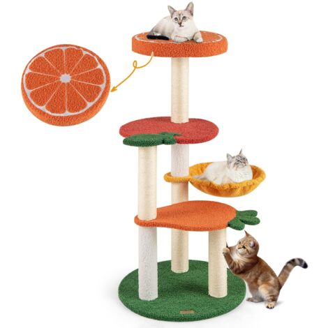 COSTWAY Tiragraffi per Gatto Alto 100 cm Stile Frutta, Albero Tiragraffi Gatti con 4 Pali in Sisal, 4 Piattaforme e Amaca, Torre Albero Gatto Imbottito in Peluche, Multicolore