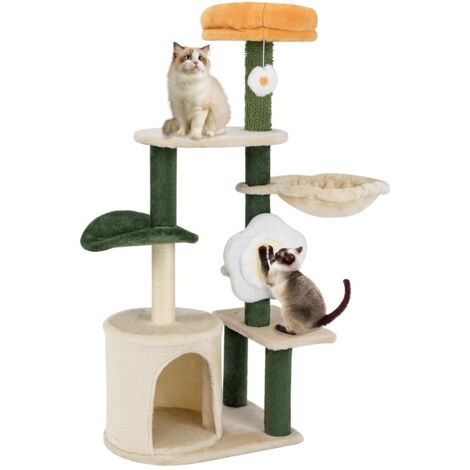 COSTWAY Tiragraffi per Gatto Alto 114 cm Forma di Fiore, Albero Tiragraffi Gatto con Amaca, Grotta e Palla Pompon, Torre Tiragraffi per Gatti con Pali e Tavola in Sisal, Verde e Beige