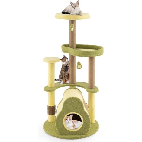 COSTWAY Tiragraffi per Gatto Alto 125 cm Stile Avocado, Albero Tiragraffi Gatto con 3 Pali in Sisal, 4 Piattaforme, 2 Pompon e Grotta, Cuccia Albero Gatto Imbottito in Peluche con Tavola di Juta