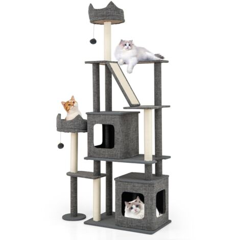 COSTWAY Tiragraffi per Gatto Alto 180 cm, Albero Tiragraffi Gatto con 8 Piattaforme, 4 Pali Sisal e 2 Palline Pompon, Torre Tiragraffi per Gatti con 2 Condomini Rimovibili, Grigio