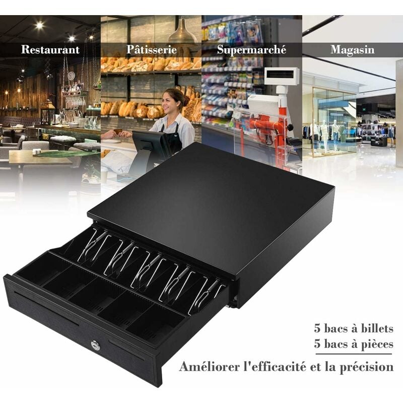 Tiroir-Caisse en Métal 5 Compartiments à Monnaie 5 Compartiments à Billets 40,5 x 42 x 9cm Noir - Costway