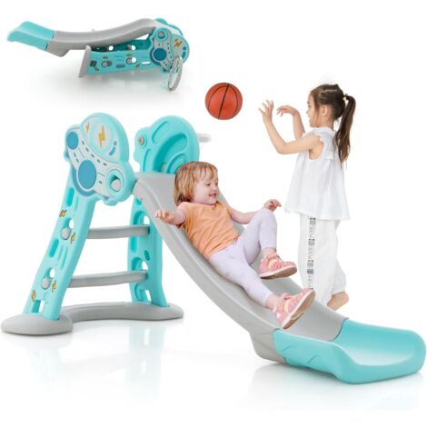 COSTWAY Tobogán Infantil Interior 3 en 1, Juego de Tobogán Plegable con Aro de Baloncesto, Zona de Amortiguación Segura, Escalador y Tobogán para Niños 18+ Meses (Azul)