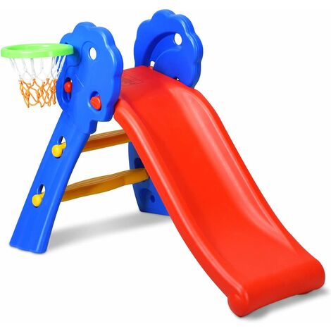 COSTWAY Toboggan Aire de Jeux Pliable avec Panier de Basket en Plastique Toboggan pour Enfants 3-8 Ans Multicolore 108 x 58 x 71,5 CM