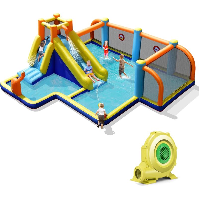 Costway - Toboggan Aquatique Gonflable avec Gonfleur 680W Piscine à Eclaboussures,Mur d'Escalade Double Canon à Eau Zone de Football
