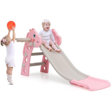 COSTWAY Toboggan Enfants 3 en 1 avec Panier de Basket et Balle Jouet Multifonctions pour Intérieur et Extérieur 3 Ans + Bleu