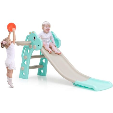 COSTWAY Toboggan Enfants 3 en 1 avec Panier de Basket et Balle Jouet Multifonctions pour Intérieur et Extérieur 3 Ans + Bleu