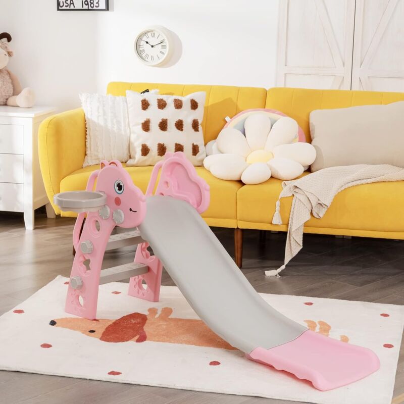 

Tobogán 3 en 1 Infantil con Escalera Aro de Baloncesto y Pelota, Juguete Multifuncional para Niños y Niñas, Tobogán Dinosauro (Rosa) - Costway