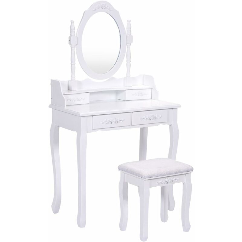 

Tocador con Espejo y Taburete con 4 Cajones Mesa de Maquillaje de Madera Blanco - Costway