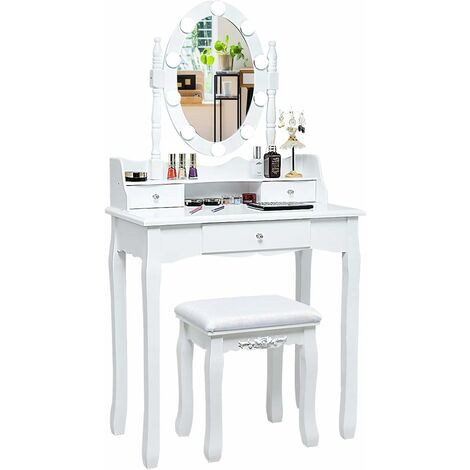 COSTWAY Tocador de Maquillaje con LED,Espejo Giratorio y Taburete Mesa de Cosmético con 3 Cajones (Blanco)