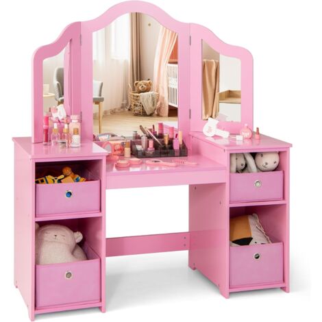 COSTWAY Tocador de Maquillaje Niña, 2 en 1 Mesa de Maquillaje con Espejo Plegable y Extraíble, Compartimentos Abiertos, Mesa Tocador Infantil de Madera (Rosa, con cajones)