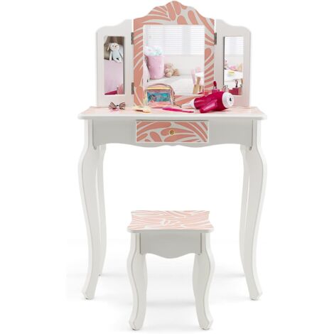 COSTWAY Tocador de Maquillaje Niña con Taburete, 2 en 1 Tocador Infantil de Madera con Espejo Tríptico Extraíble y Cajón, Juego de Mesa de Princesa con Escritorio Desmontable (Rosa,Cebra)