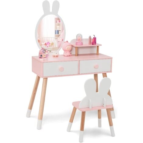 Homcom Tocador Infantil De Madera Con Taburete Y Espejo Acrílico De 3  Sectores Mesa De Maquillaje Para Niñas Con Cajón Para Habitación Del Niño  63x40x85.5 C Gris